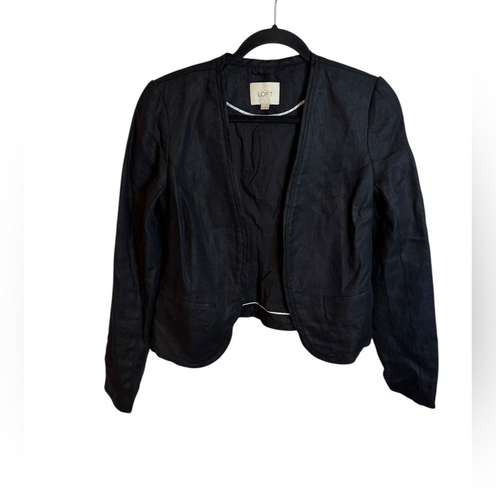 Loft Black Linen Chevron Open Front Blazer